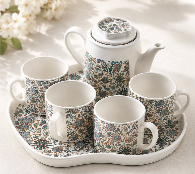 6-Piece Ceramic Tea Set with Matching Serving Tray