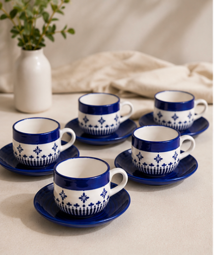 Blue Motif Ceramic Cup & Saucer Set - 12 piece
