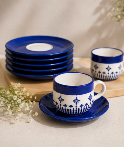 Blue Motif Ceramic Cup & Saucer Set - 12 piece