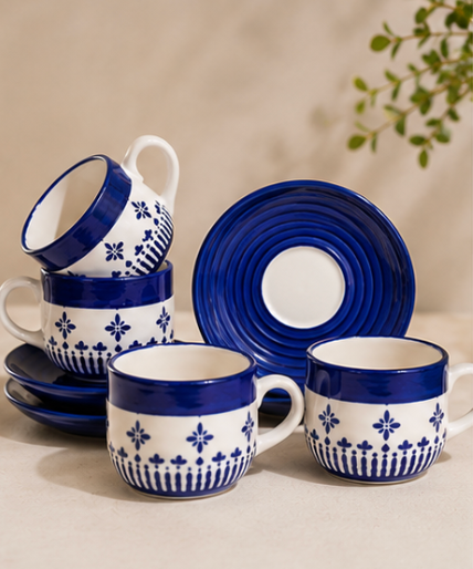 Blue Motif Ceramic Cup & Saucer Set - 12 piece
