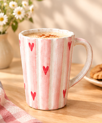 Pink Coffee Mug with Red Hearts